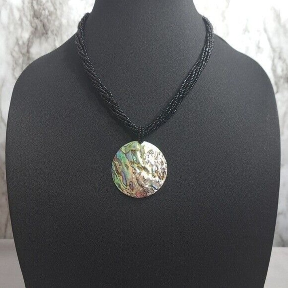 Vintage Handmade Women's Black & Abalone Pendant With 6 Strings of Seed Beads